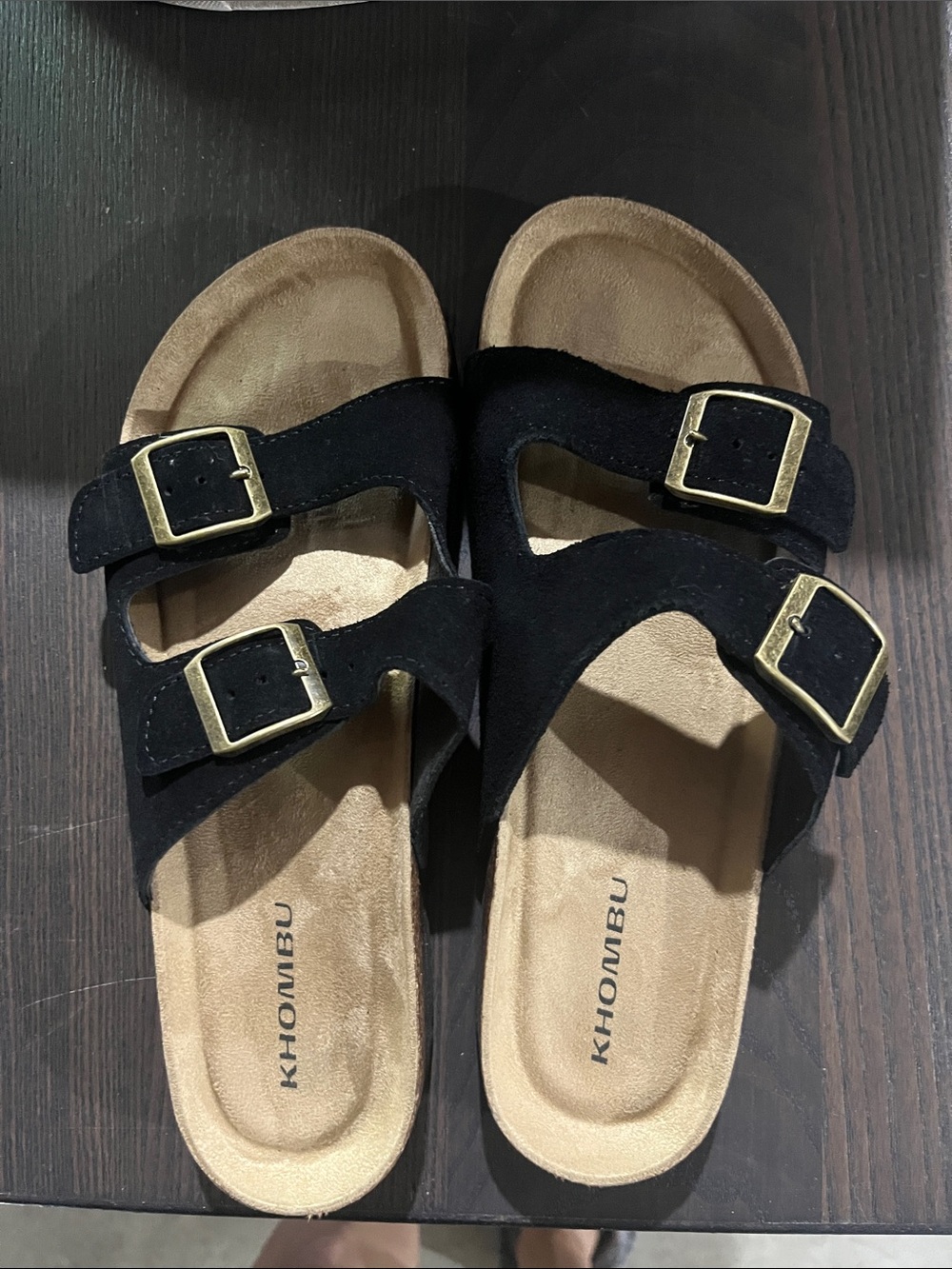 Khombu Black Double-Buckle Suede Slide Sandals